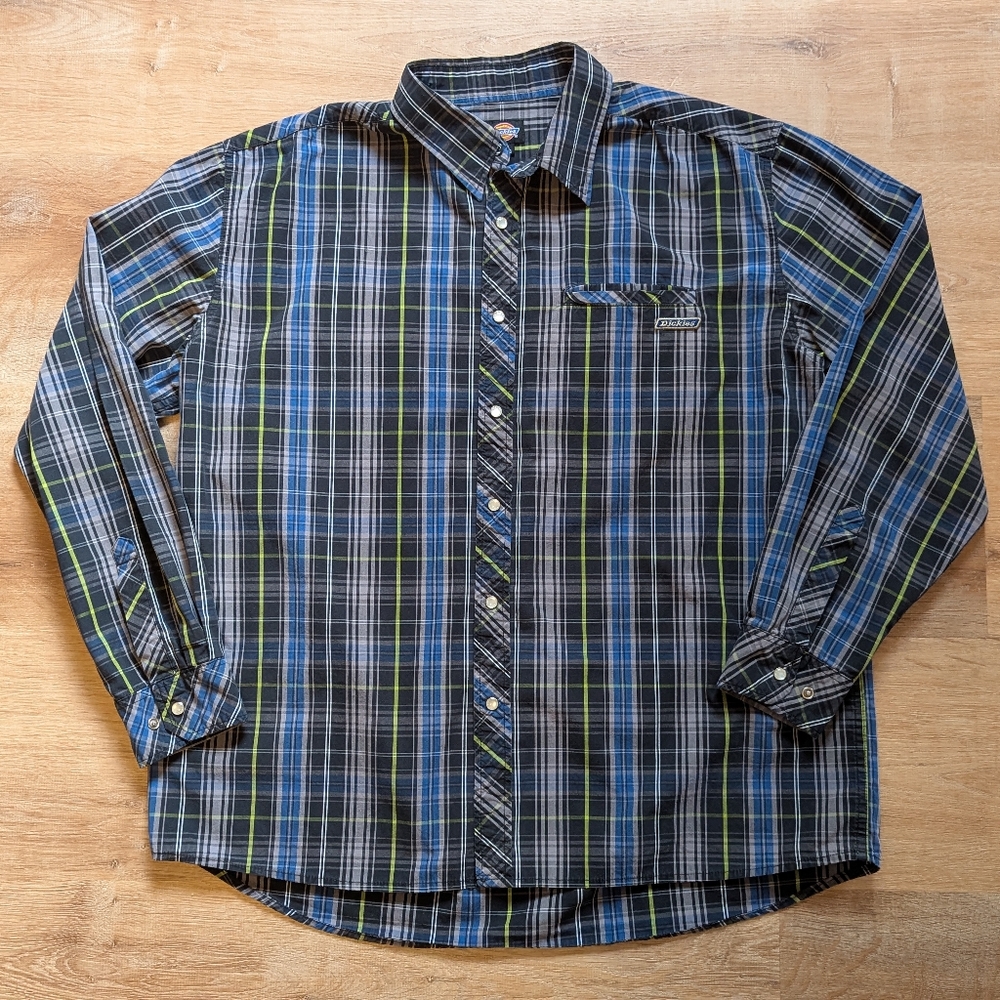 Dickies Vintage Men's Blue Plaid Pearl Snap Shirt XL